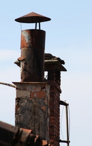 mattoni, comignoli, comignolo, tetto, cielo, due, tegole, tubo, ruggine, ferro