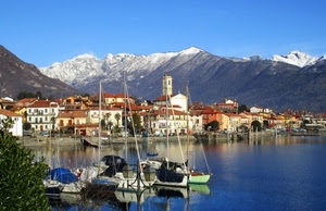 barche, montagne, lago, panorama, neve, case, porto, mare, paese