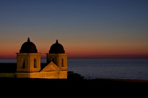 mare, chiesa, tramonto, cupole, cielo, orizzonte