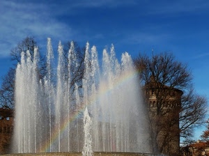 arcobaleno, fontana, acqua, torre, getti, cielo, castello, alberi, albero