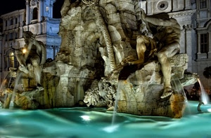 acqua, fontana, statue, roma, notte, marmo, zampilli, sculture, leone, luci, notturno