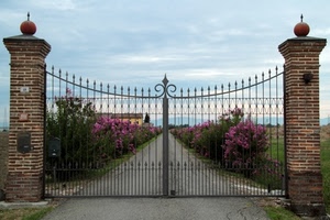 cancello, strada, colonne, fiori, viale, ferro, pilastri, cielo