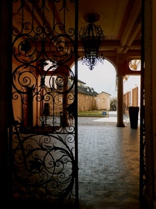 cancello, colonne, arco, ferro, ingresso, porticato, lampadario, cortile