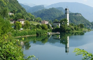 lago, riflesso, campanile, montagne, alberi, acqua, montagna, verde, riflessi, torre