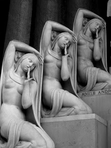 statue, tre, marmo, donne, bianconero, velo, bianco