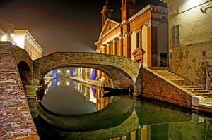 ponte, canale, riflesso, acqua, notte, notturno, scala, comacchio, riflessi, luci