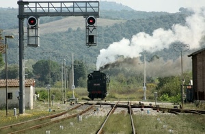 binari, vapore, fumo, locomotiva, treno, semafori, semaforo, stazione, segnali, ferrovia