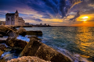 mare, tramonto, nuvole, chiesa, scogli, acqua, sole, onde, duomo, riflessi