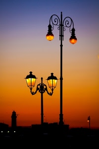 lampioni, tramonto, rosso, luci, cielo, arancione, sera, campanile, arancio, faro