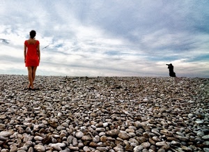 rosso, sassi, fotografo, cielo, modella, donna, ragazza