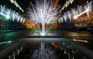 luci, albero, riflesso, notturno, fontana, acqua, notte, luminarie, riflessi