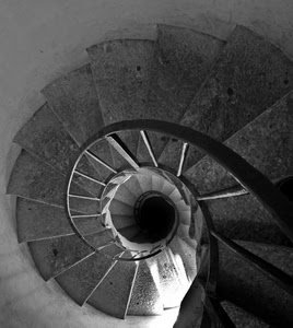 spirale, chiocciola, scala, gradini, ringhiera, bianconero, scale, tromba, scalini