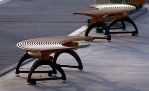 panchine, strada, marciapiede, ombre, due, curve, tubi, marrone