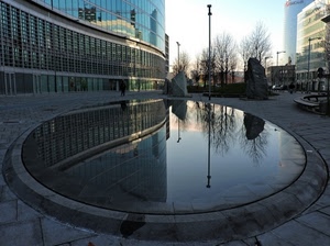 acqua, riflessi, fontana, riflesso, alberi, lampione, palazzi, piazza, lampioni, vetro