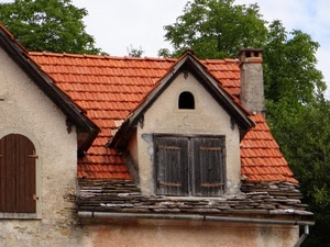 tetto, abbaino, tegole, comignolo, alberi, finestre, persiane, abbaini