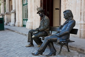 panchina, strada, statue, bronzo, cappello, due, porta, porte, statua