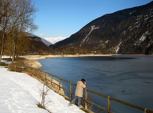 fotografo, neve, lago, montagna, ghiaccio, montagne, alberi, fiume, staccionata