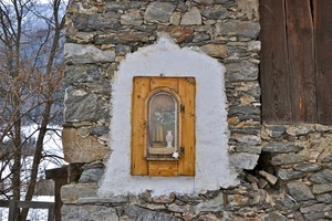 muro, pietre, edicola, legno, albero, santo, neve, porta, votiva, nicchia, inverno, devozione, rami