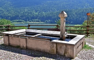 fontana, acqua, lavatoio, lago, staccionata, alberi, rubinetto, bosco, verde, vasca, pietra, selciato