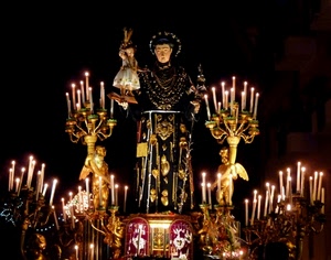 santo, candele, devozione, processione, luci, notte, angeli, candelabri, statue, statua, notturno
