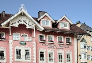 finestre, abbaini, rosa, fiori, tetti, cielo, albergo, bianco, hotel, case, decorazioni, balconi, triangoli, insegne, insegna, scritte, vasi