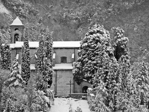 neve, chiesa, campanile, alberi, croce, inverno, bianconero, campana