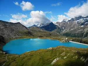 nuvole, lago, cielo, neve, azzurro, montagne, acqua, montagna, verde, bianco, sentieri, vette, prato, cime, blu, diga, paesaggio, monti