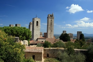 alberi, torri, nuvole, cielo, tetti, case, campanile