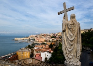 croce, statua, mare, panorama, acqua, case, cielo