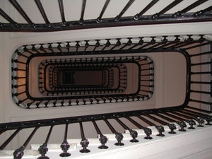 ringhiera, scala, scale, nero, prospettiva, bianco, gradini, spirale, tromba