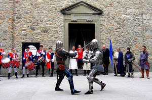 duello, spade, armature, costumi, corazze, tamburi, persone, duellanti, medioevo, guerrieri, cavalieri