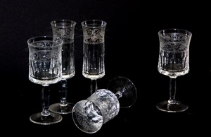 bicchieri, cinque, nero, vetro, calici, cristallo, trasparente, bianconero, trasparenze