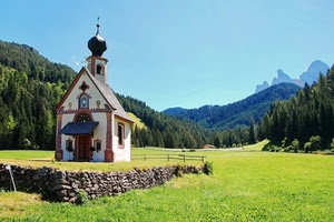 prato, chiesa, montagna, alberi, verde, montagne, campanile, sassi