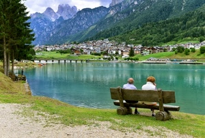 panchina, lago, montagna, panorama, acqua, persone, paese, alberi