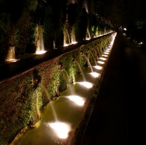 acqua, luci, fontana, notturno, notte, zampilli, prospettiva, verde, fontane