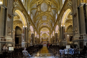 chiesa, sedie, navata, oro, archi, colonne, interno, volta, prospettiva, altare