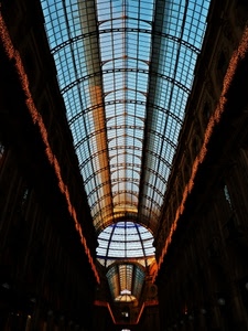 galleria, vetro, prospettiva, cupola, tetto, metallo, archi, vetri, azzurro, luci, ferro