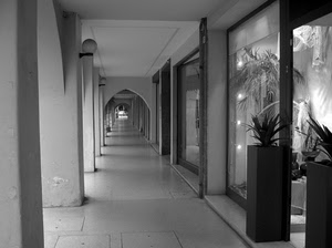 bianconero, prospettiva, vetrina, portici, colonne, portico, archi, piante, negozi, pilastri, vetrine, vasi, negozio