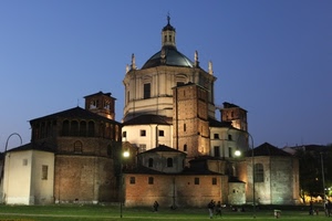 luci, chiesa, cupola, lampioni, cielo, notturno, prato, finestre, torre