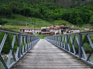 ponte, case, alberi, prospettiva, verde, fiume, ringhiere, legno