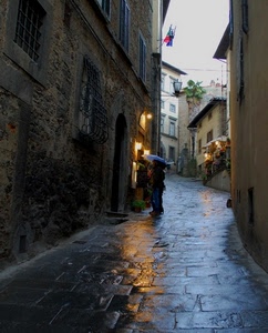 pioggia, vicolo, ombrello, bandiere, bagnato, luci, selciato