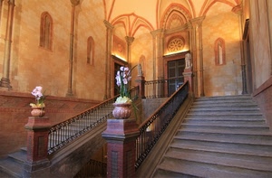 gradini, scale, vasi, fiori, scalinata, archi, ringhiera, palazzo, ingresso